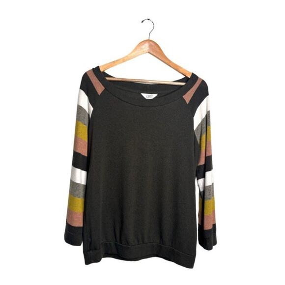 Market & Spruce Sweater Striped Sleeves Size XL Olive Green Round Neck - Picture 1 of 6